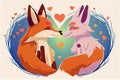 Foxes in love illustrated with Draw character design and heart for Valentine\'s day. Cartoon-style animals with hearts for