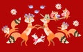 The foxes parents hold hands, and the foxes children and small unicorn are merrily jumping around them.