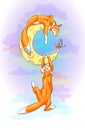 Foxes on the moon with a bird. cartoon fairy tale