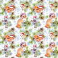 Foxes, rabbits animals in red santa hats in snow. Spruce christmas tree branches, cones. Seamless pattern for Christmas Royalty Free Stock Photo