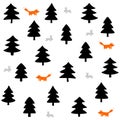 Foxes and rabbits in a black forest on white background