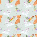 Foxes and rabbits seamless pattern.