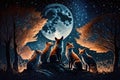 Foxes sitting in a forest under a full moon. Generative AI