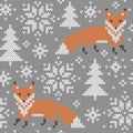 Foxes snowy forest jacquard knitted seamless pattern