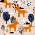 Foxes, trees and clouds, colorful cute seamless pattern