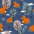 Foxes, trees and clouds, colorful cute seamless pattern