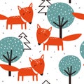 Foxes, trees and fir-trees, decorative cute background. Colorful seamless pattern with animals