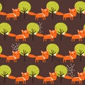 Foxes, trees, decorative cute background. Colorful seamless pattern with animals