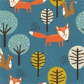 Colorful seamless pattern with foxes, squirrels, trees. Decorative cute background with animals and forest