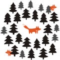 Foxes in a black forest on white background illustration