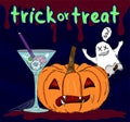 Trick or treat scary poster with cocktail glass, wicked pumpkin, funny ghost on dark background with blood streaks, halloween Royalty Free Stock Photo