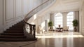 Foyer with curved staircase. Foyer in luxury home with curved staircase dining room. generative ai Royalty Free Stock Photo