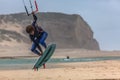 View of a professional sportsman practicing extreme sports Kiteboarding at the Obidos lagoon, Foz do Arelho, Portugal Royalty Free Stock Photo