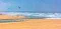 View of a professionals sports practicing extreme sports Kite-boarding at the Obidos lagoon