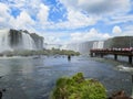 Foz do IguaÃÂ§u, Brazil, view of the misty Iguassu Falls, with tourists on the footbridge.