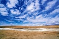 Fozen River Blue Sky Yellow Grassland in Bayanbulak  in early Spring Royalty Free Stock Photo