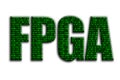 FPGA. The inscription has a texture of the photography, which depicts the green binary code