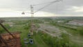 FPV drone flies maneuverable near abandoned huge escalators. Slow motion