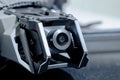 FPV drone technology flying object close up camera equipment workshop studio metallic and carbon element Royalty Free Stock Photo