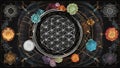 fractal background __A sacred geometry art with a flower of life and chakra icons. The art has a black background Royalty Free Stock Photo