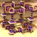 Fractal chains of rectangles, cube structure. Orange, yellow, purple, magenta and blue colors. 3d illustration, 3d objects Royalty Free Stock Photo