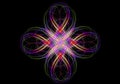 Fractal cross of red-yellow and purple shades,assembled from twisted rainbow stripes on a black background Royalty Free Stock Photo