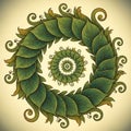 Spiral patterns of green leaves with brown accents, arranged in a Royalty Free Stock Photo
