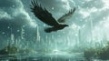 Fractal Eagle in Flight: Soaring Over a Futuristic Digital Skyline Royalty Free Stock Photo