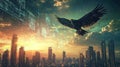 Fractal Eagle in Flight: Soaring Over a Futuristic Digital Skyline Royalty Free Stock Photo
