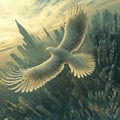 Fractal Eagle in Flight: Soaring Over a Futuristic Digital Skyline Royalty Free Stock Photo