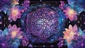 fractal flower background A blue and purple watercolor sacred geometry illustration of the flower of life on a black background Royalty Free Stock Photo