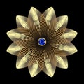 Fractal flower. Mandala. Gold round 3d fractal pattern. Floral jewelry mandala with blue sapphire gemstone. Beautiful vector lines