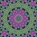 Psychedelic fractal kaleidoscope design on spheres and flowers made in green and violet colors on dark background Royalty Free Stock Photo