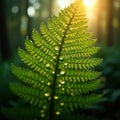 Fractal Patterns in Nature: Close-up of a Fern Leaf with Dewdrops.