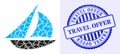 Fraction Mosaic Sailing Boat Icon with Travel Offer Grunge Stamp