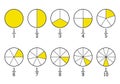 Fraction pie divided into slices. Segmented circles set. Wheel round diagram part set. Segment infographic. Info chart