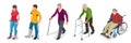 Fracture of leg or leg injury. Young and old people in a gyse with crutches, a wheelchair. Rehabilitation after trauma