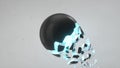 Fractured black sphere with blue glow