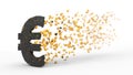 Fractured euro sign dispersing with wind, 3d illustration