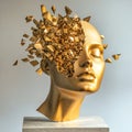 A fractured golden head sculpture with floating shards, the disintegration process captured in midaction, revealing sharp Royalty Free Stock Photo
