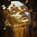 A fractured golden head sculpture with floating shards, the disintegration process captured in midaction, revealing sharp Royalty Free Stock Photo
