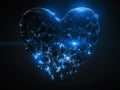 Fracturing and dissolving dark heart with blue cyrstal inside. concept for valentine`s day. 3d illustration