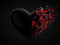 Fracturing and dissolving dark heart with cyrstal inside. concept for valentine`s day. 3d illustration