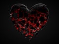 Fracturing and dissolving dark heart with cyrstal inside. concept for valentine`s day. 3d illustration