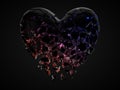 Fracturing and dissolving dark heart with cyrstal inside. concept for valentine`s day. 3d illustration