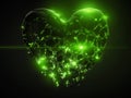 Fracturing and dissolving dark heart with green cyrstal inside. concept for valentine`s day. 3d illustration