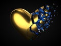 Fracturing and dissolving golden heart with blue cyrstal inside for valentine`s day. 3d illustration