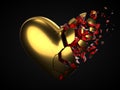 Fracturing and dissolving golden heart with red cyrstal inside for valentine`s day. 3d illustration