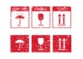 Fragile, arrow up, keep dry umbrella. Vector logistics grungy icons and box signs set for cargo Royalty Free Stock Photo