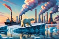 Fragile Balance: Polar Bear on a Shrinking Ice Cap in the Middle of the Ocean - Distant Industrial Chimneys Echoing the Impact